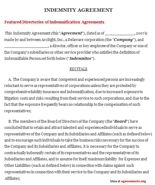 indemnification agreement template indemnity agreement sample 