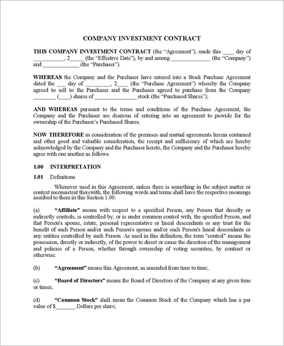 artist investor agreement template 11 investment contract 