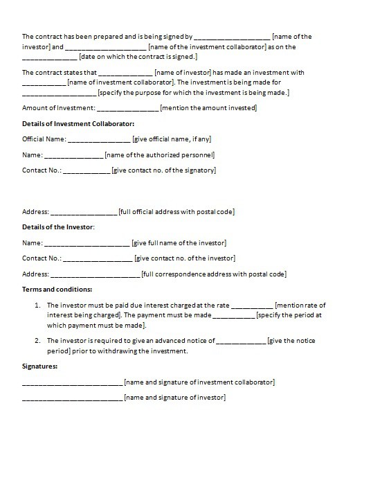 investment agreement template investment contract template 