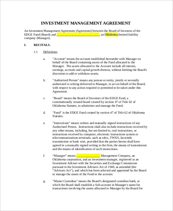 investment management agreement template investor agreement 
