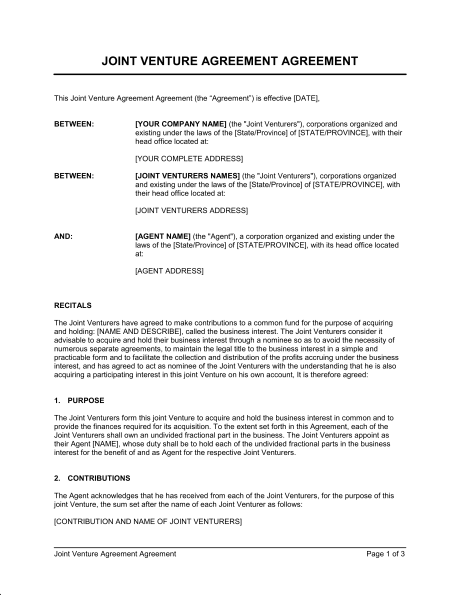 contractual joint venture agreement template contractual joint 
