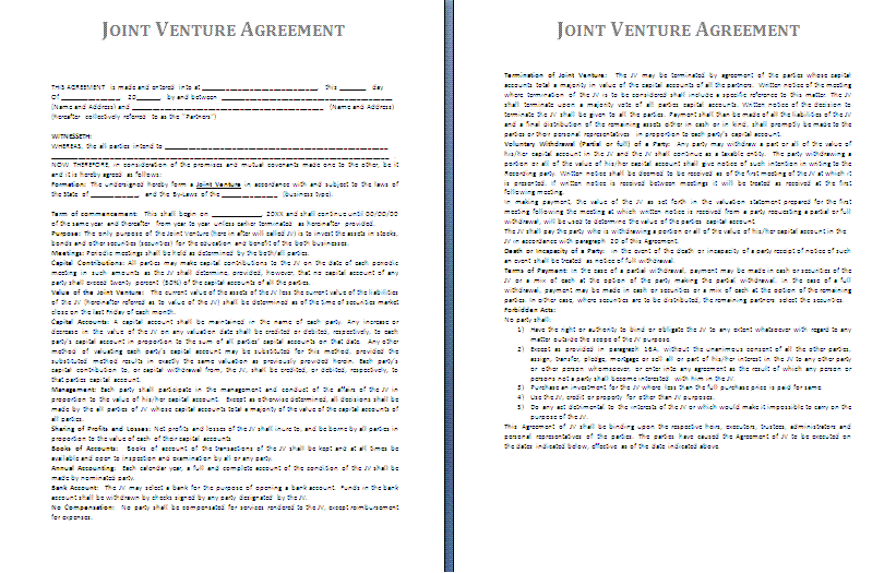 joint venture agreement template free 12 sample joint venture 