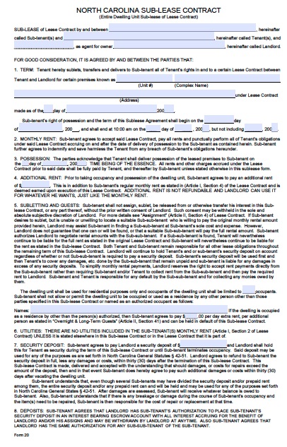 Free North Carolina Sublease Agreement Form – PDF Template