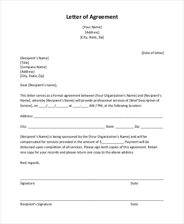 free payment agreement letter template letter of agreement 