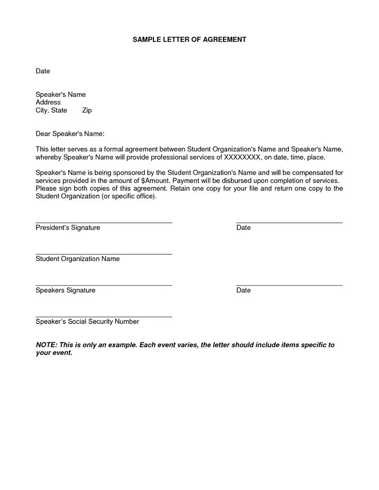 letter of agreement template payment agreement letter 