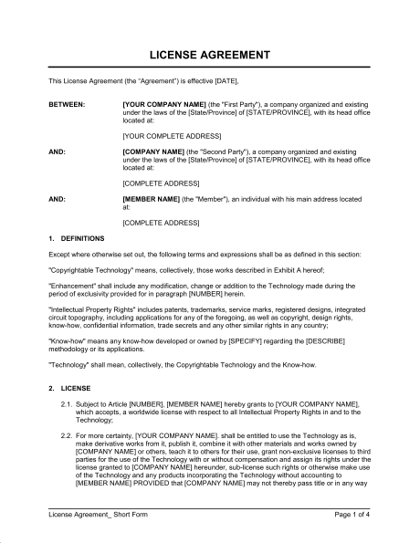 licensing agreement template license agreement short form template 
