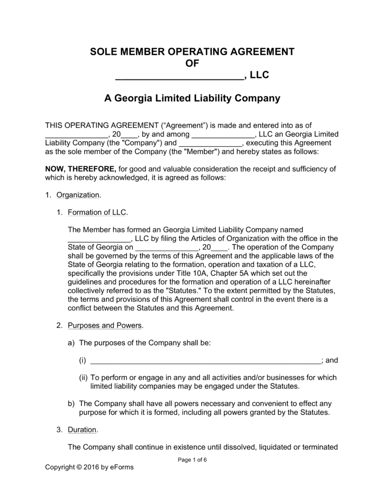 Georgia Single Member LLC Operating Agreement Form | eForms – Free 