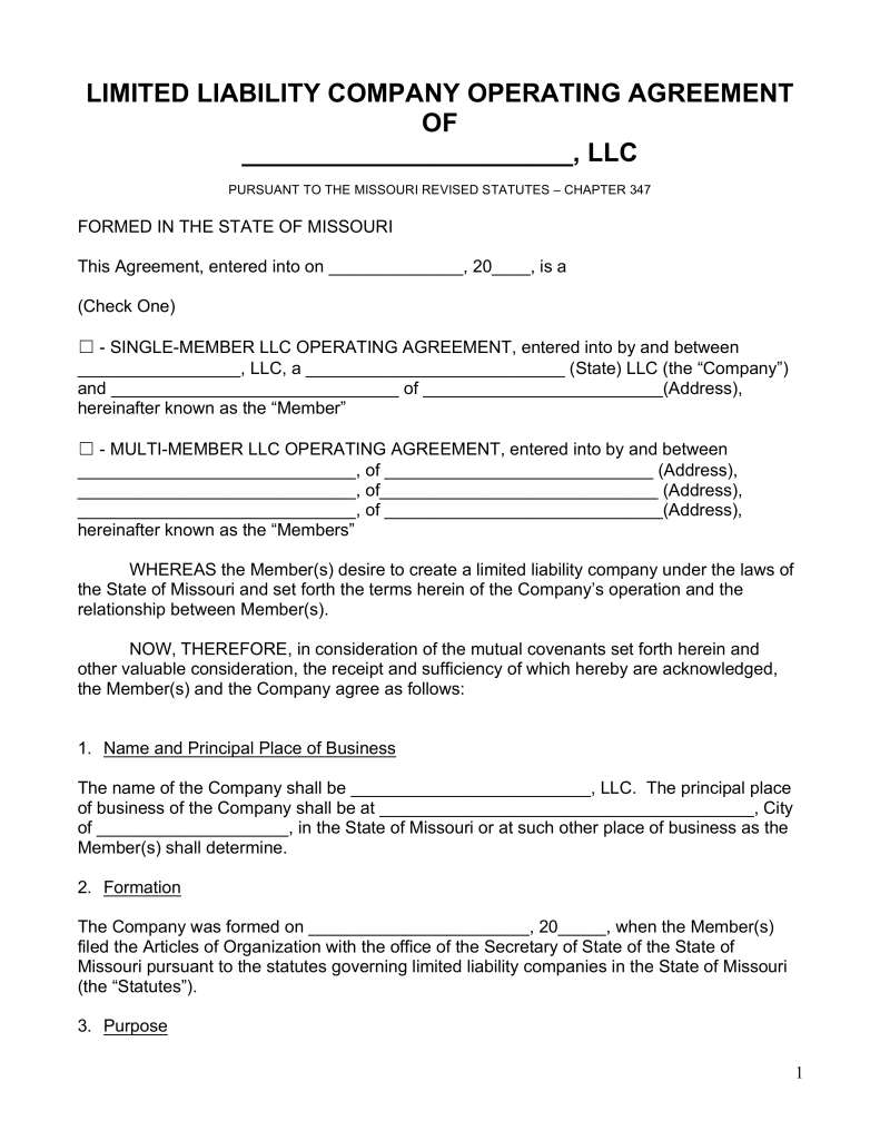 Free Missouri LLC Operating Agreement Forms PDF | Word | eForms 