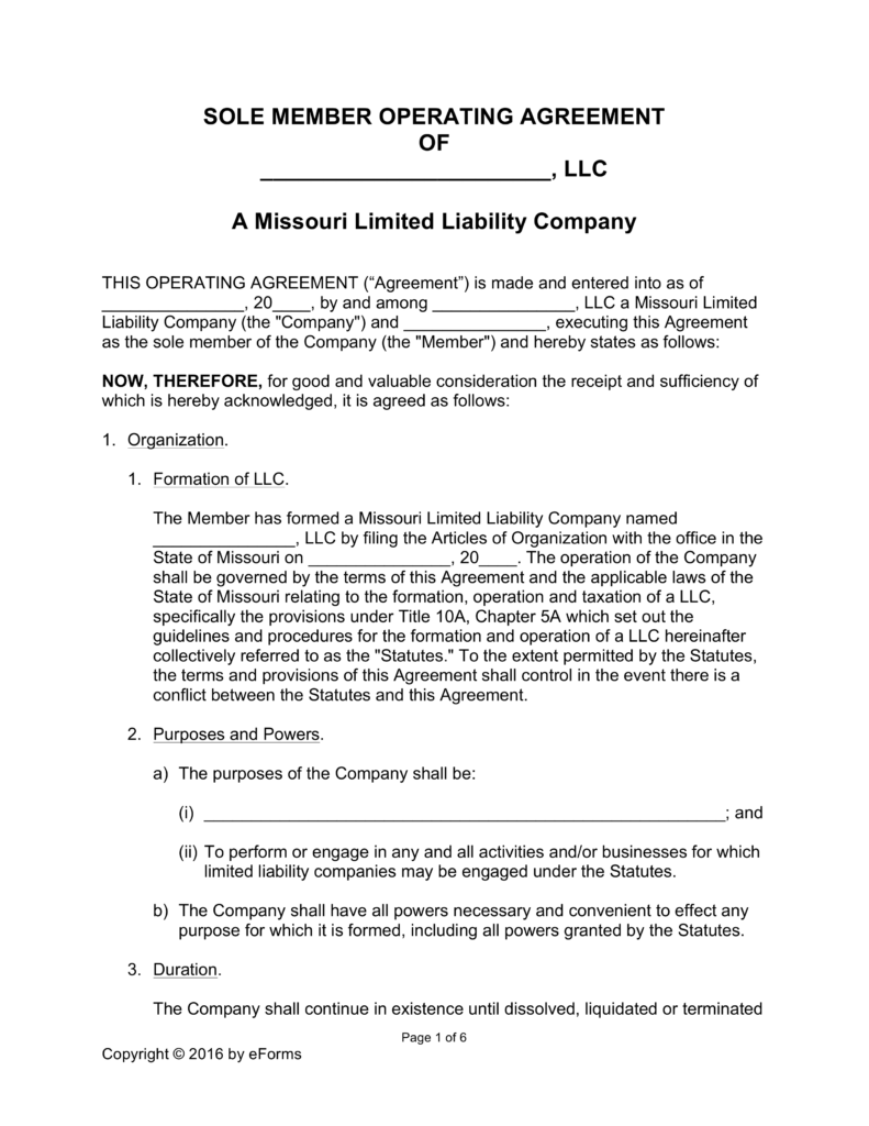 Missouri Llc Operating Agreement Fill Online, Printable 