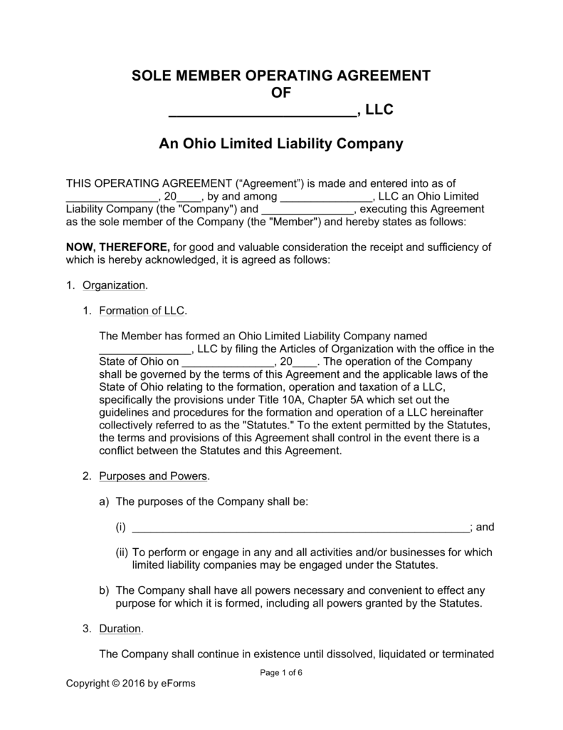 Free Ohio Single Member LLC Operating Agreement Form Word | PDF 