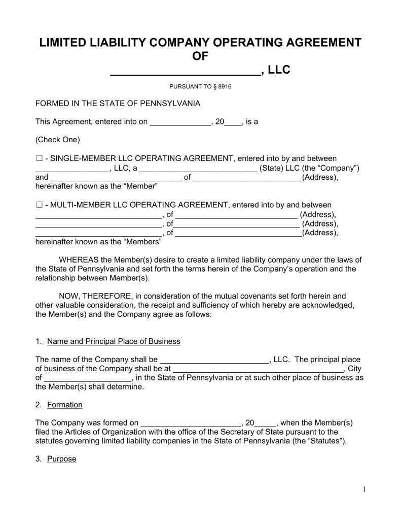 Free Pennsylvania LLC Operating Agreement Forms PDF | Word 