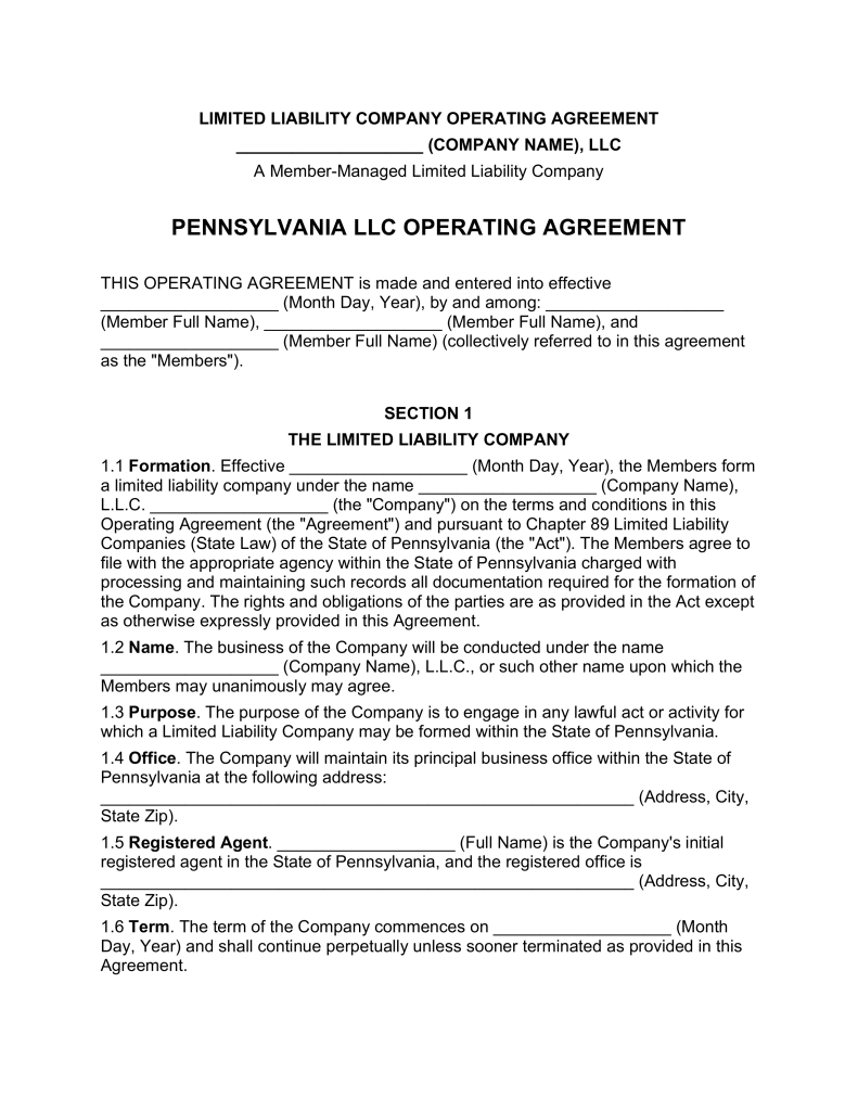 Pennsylvania Multi Member LLC Operating Agreement Form | eForms 