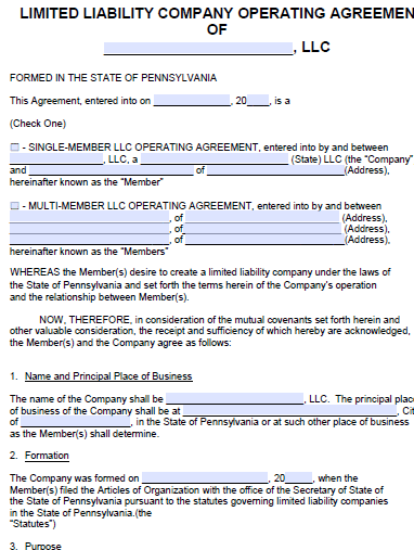 Free Pennsylvania LLC Operating Agreement Template | PDF | Word |