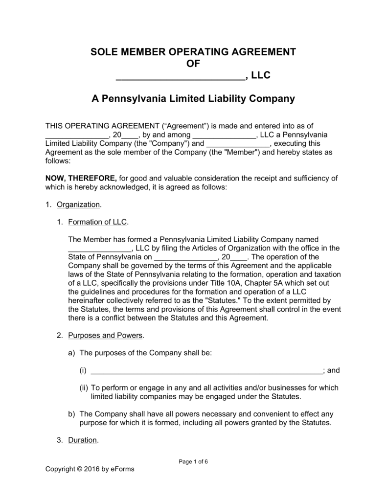 Free Pennsylvania Single Member LLC Operating Agreement Form 