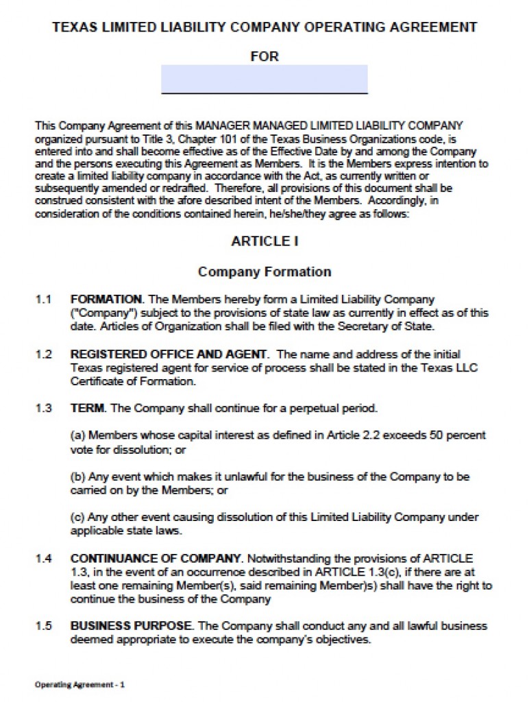 Download Texas LLC Operating Agreement Template wikiDownload