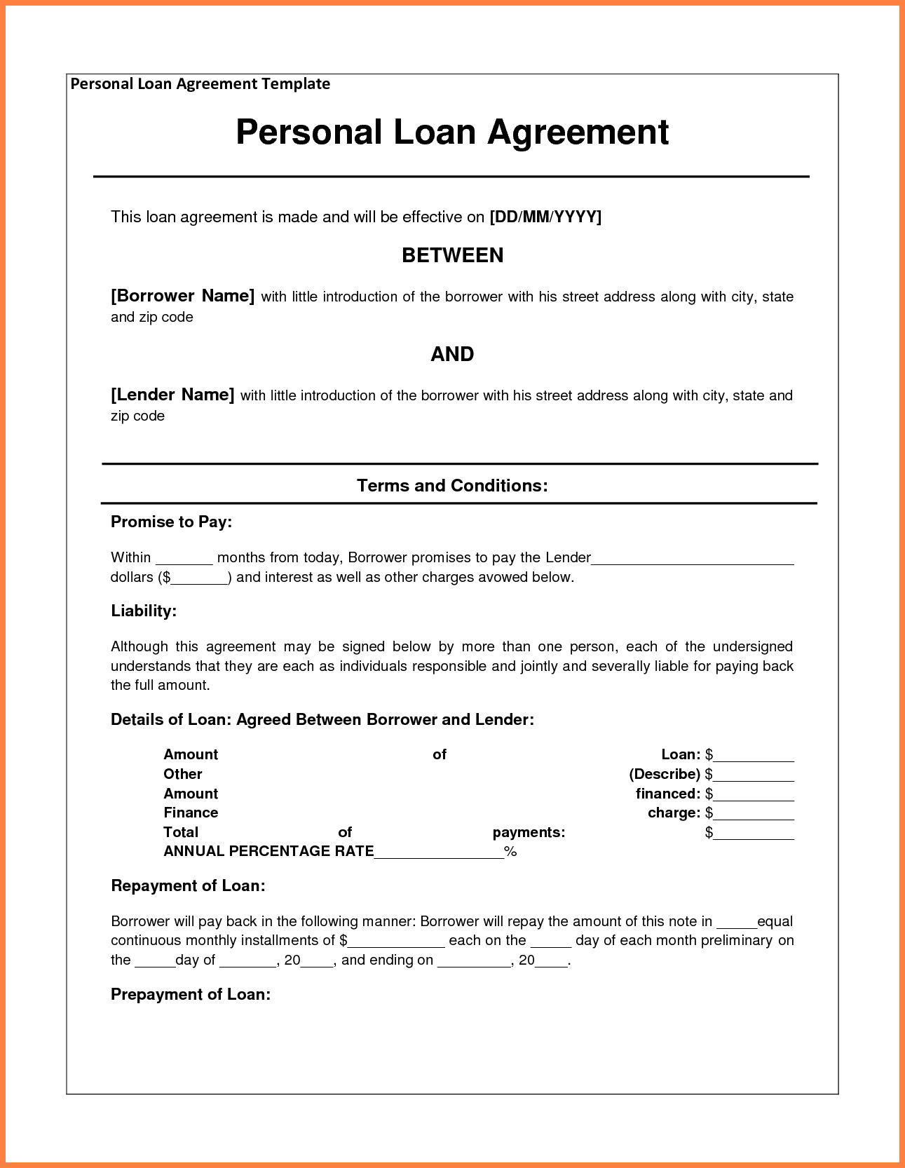4+ personal loan agreement template between friends | Purchase 