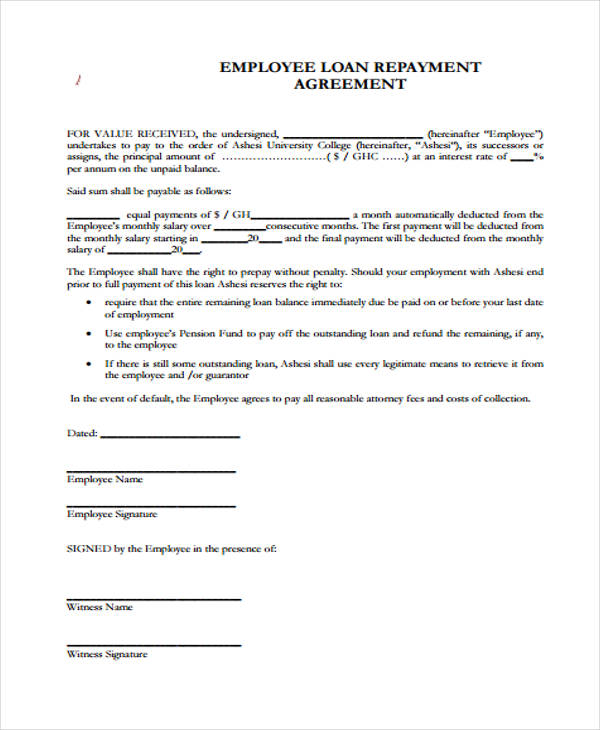 employee payment agreement template loan repayment agreement 