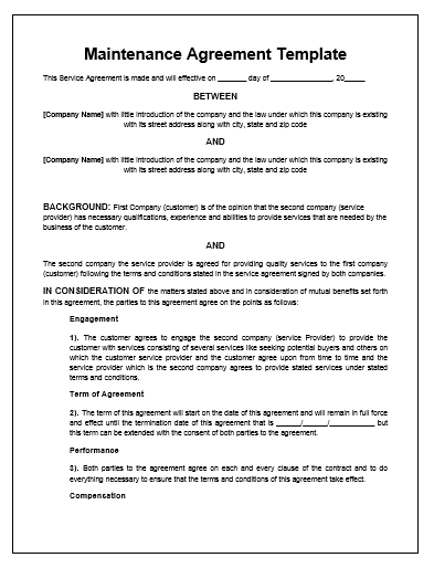 maintenance agreement template service agreement contract template 