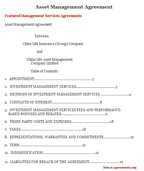 management agreement template asset management agreement sample 