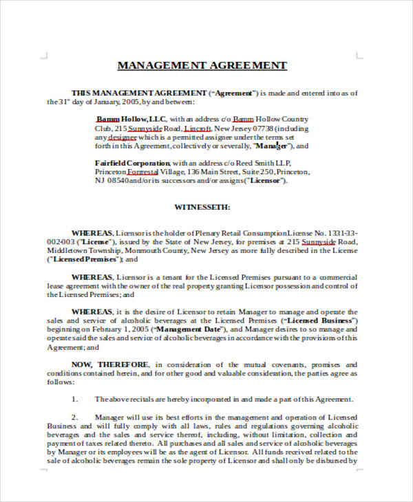 business management agreement template management agreement 