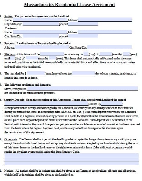 Free Massachusetts Standard Residential Lease Agreement Form – PDF 