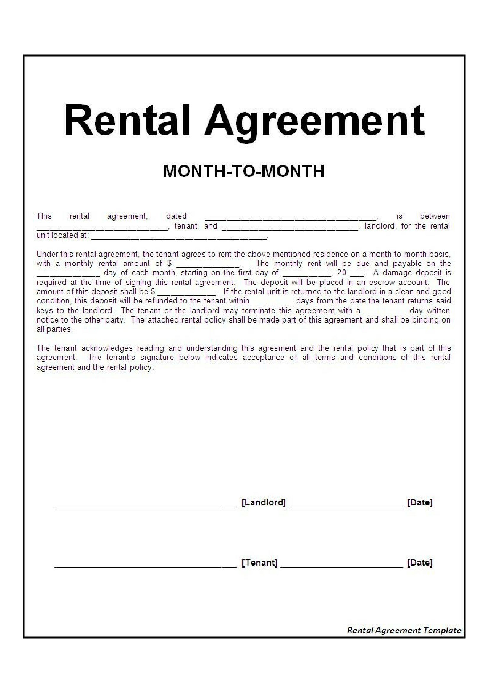 monthly rental agreement template month to month rental agreement 