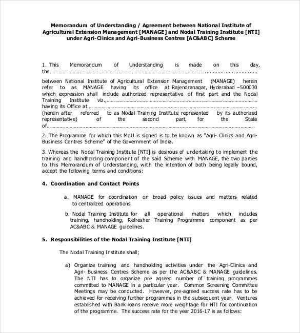 Agreement Of Understanding Template Memorandum Of Understanding 