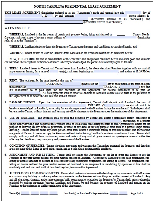 Free North Carolina Standard Residential Lease Agreement – PDF 