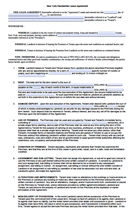 Free New York Standard Residential Lease Agreement Templates – PDF