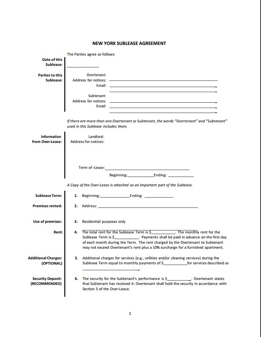 Download Free New York Sublease Agreement Printable Lease Agreement