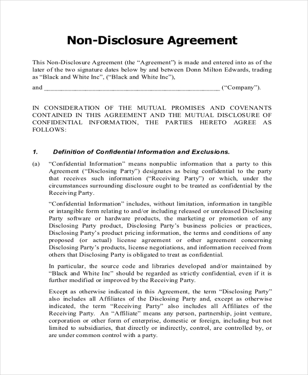 non disclosure agreement template pdf nda free template printable 