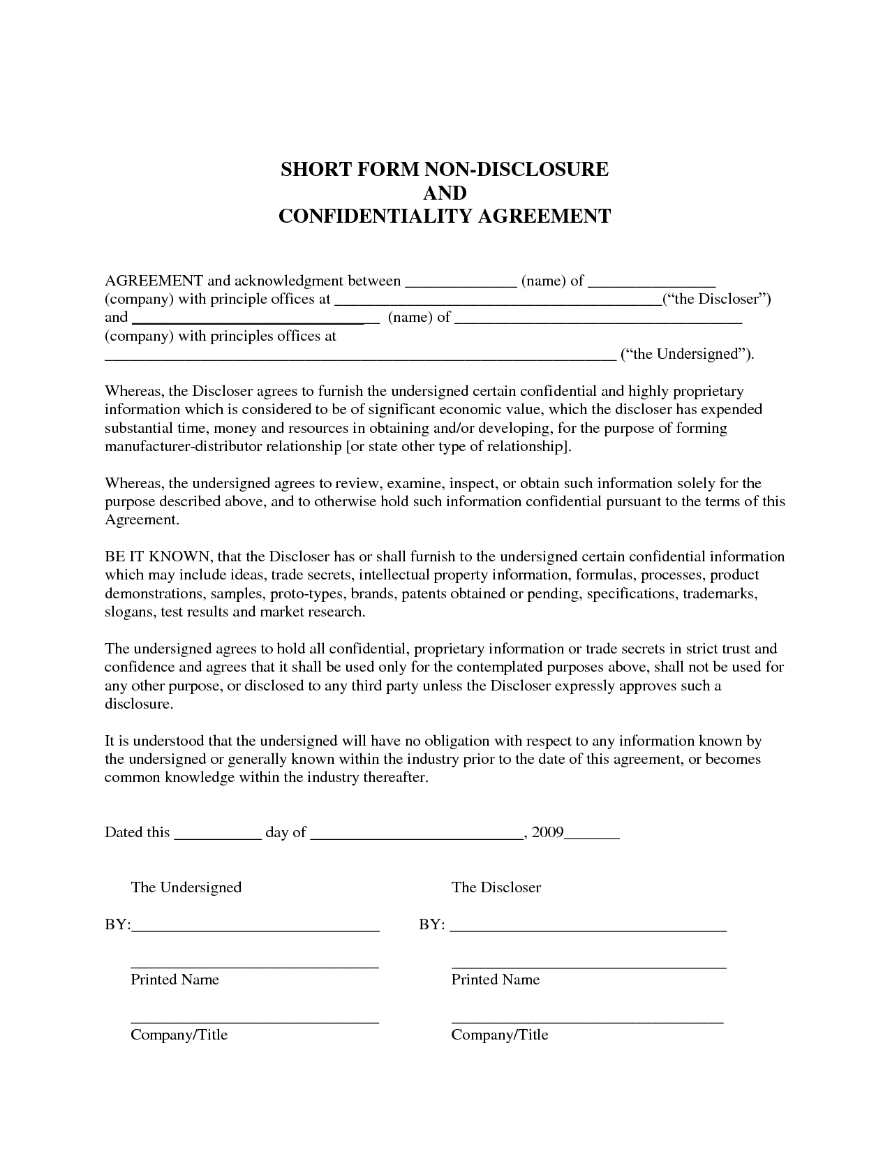 Sample Non Disclosure Agreement Ideas Collection Disclosure 