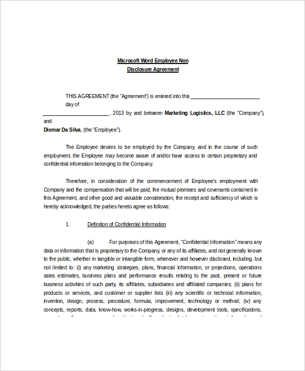 free confidentiality agreement template word employee non 