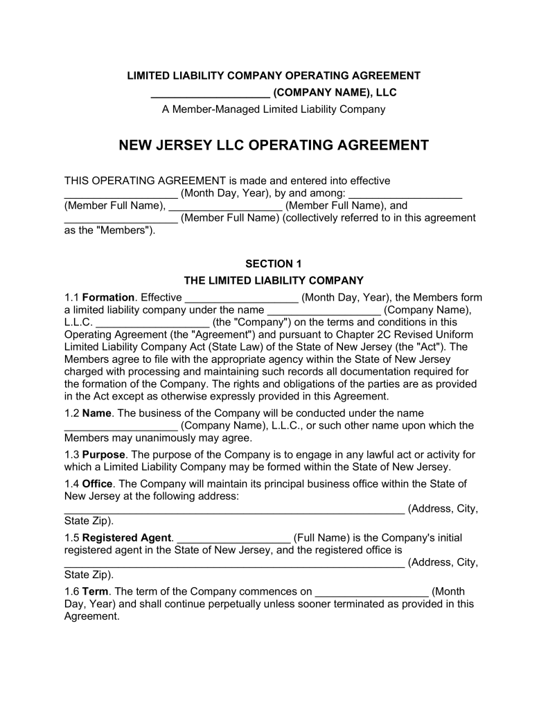 New Jersey Multi Member LLC Operating Agreement Form | eForms 