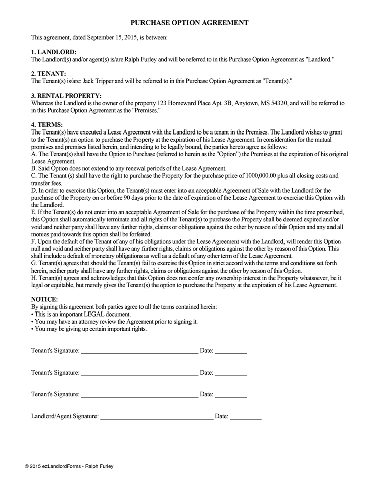 Lease Option Agreement / Lease Purchase Option | EZ Landlord Forms