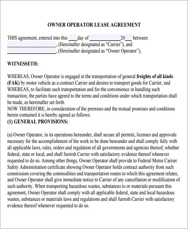 7+ Owner Operator Lease Agreement Samples | Sample Templates