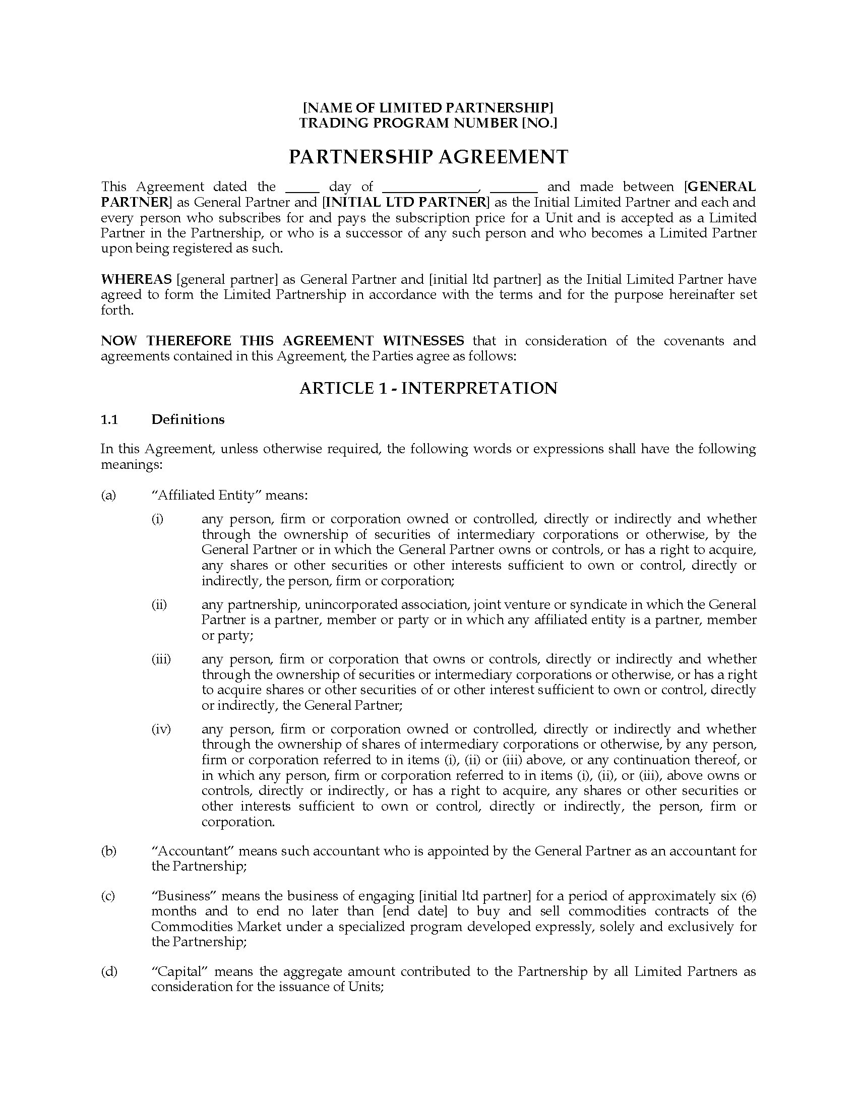 Alberta Limited Partnership Agreement for Buying & Selling 