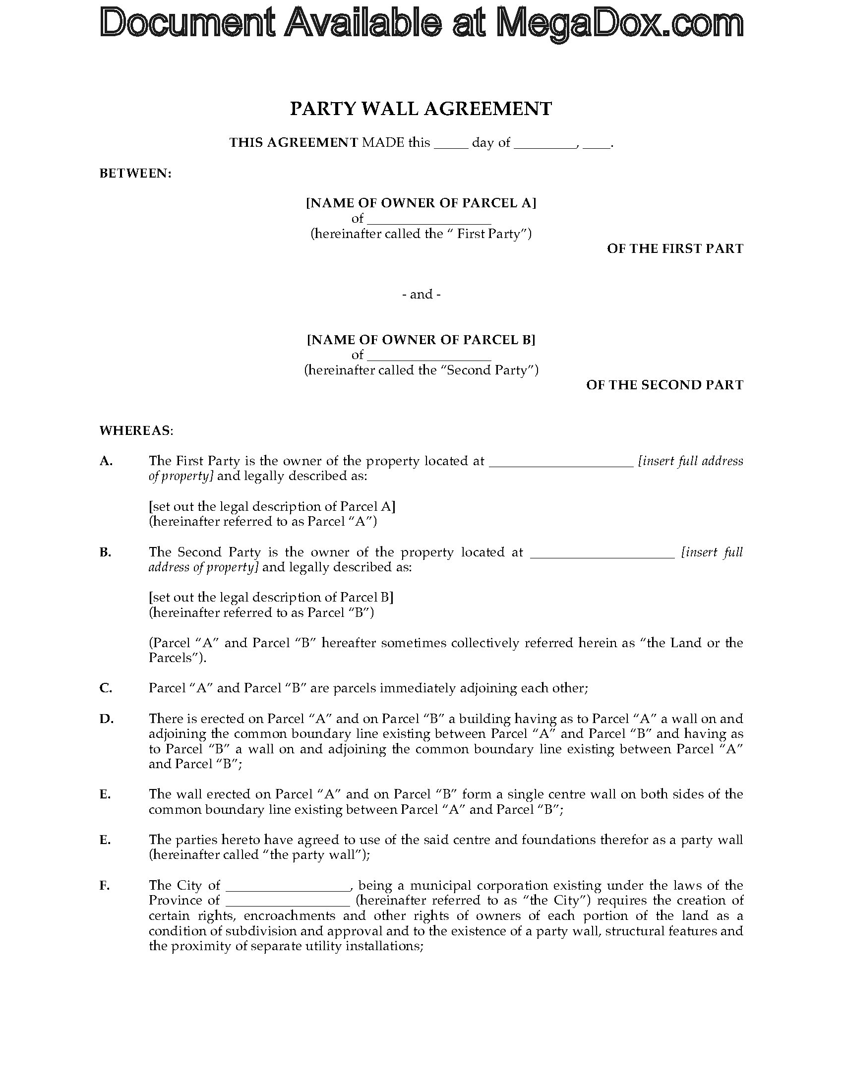 Canada Party Wall Agreement | Legal Forms and Business Templates 