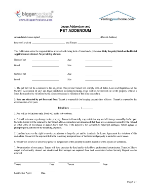 Fillable Online PET AGREEMENT (ADDENDUM TO THE RENTAL AGREEMENT 