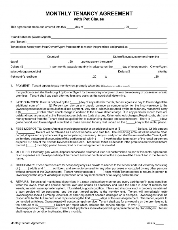 MONTHLY TENANCY AGREEMENT (with pet clause) Nevada Legal Forms 