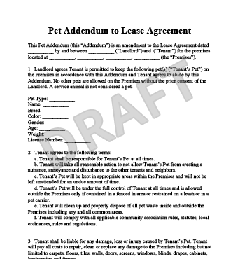 Free Printable Pet Addendum Forms Owners Pet Agreement