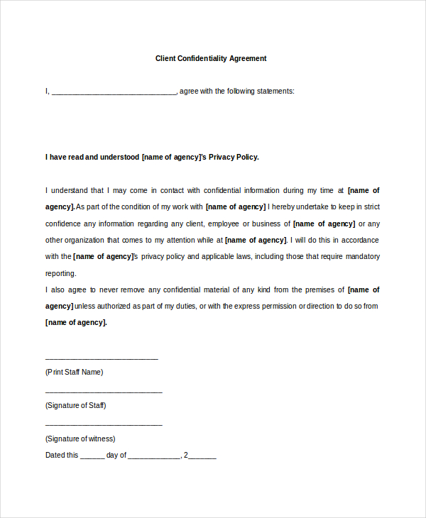privacy agreement template client confidentiality agreement 9 free 