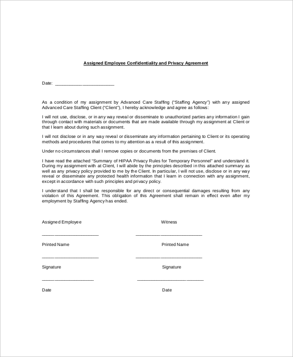 Staff Confidentiality Agreement Template Swineflutrackingmap.com
