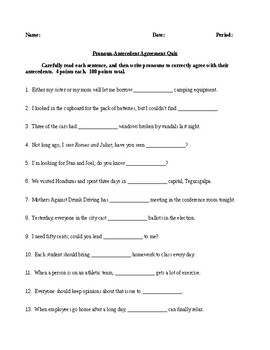 Pronoun Antecedent Agreement Quiz with Answer Key CCSS Aligned