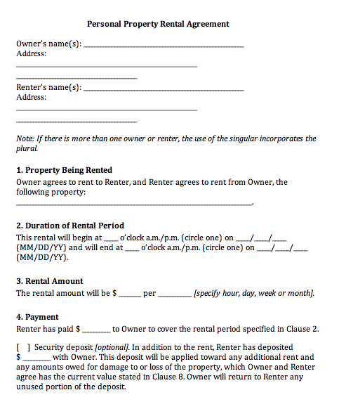 personal lease agreement template property rental agreement 