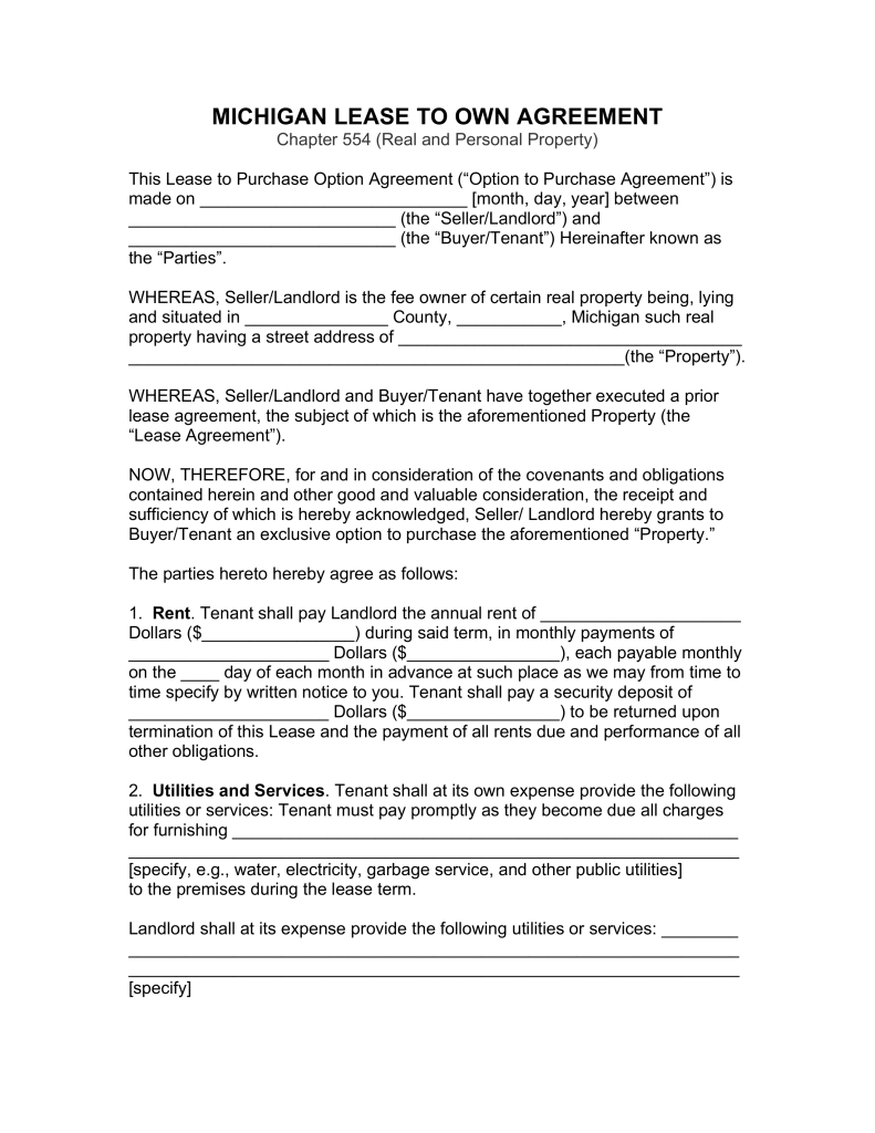 Free Michigan Lease to Own (Option to Purchase) Agreement PDF 