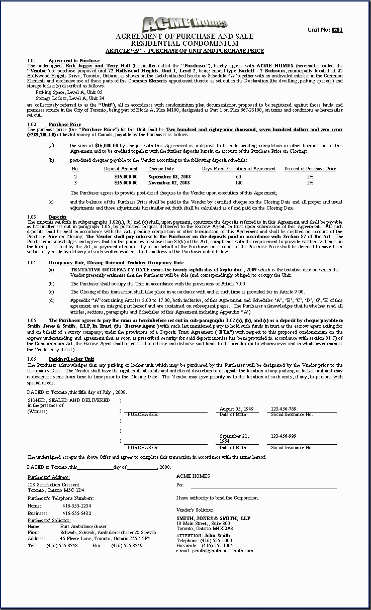 H.O.M.E.S. Sample Document: Purchase Agreement (Condo First Page)