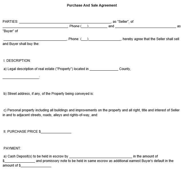 Purchase And Sale Agreement Form Template free purchase 