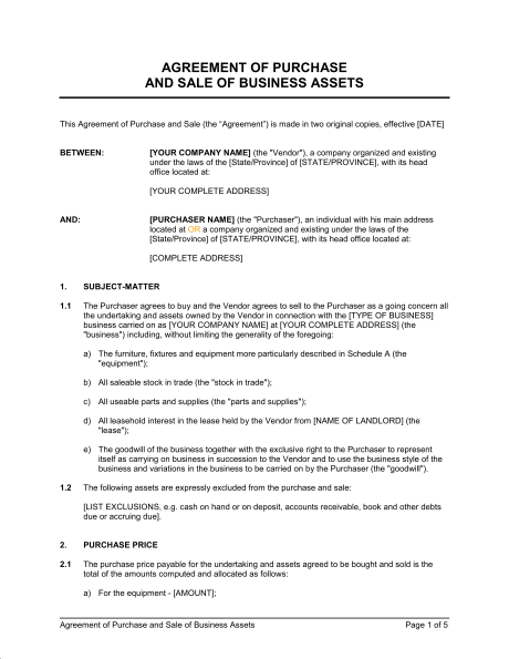 purchase and sales agreement template business purchase and sale 