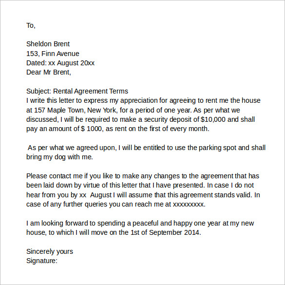 8+ Sample Rental Agreement Letters | Sample Templates